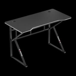 Huzaro Mesa gaming Hero 1.6 Negro, vista en perspectiva: superficie carbono con borde blanco y patas en Z negras con logo