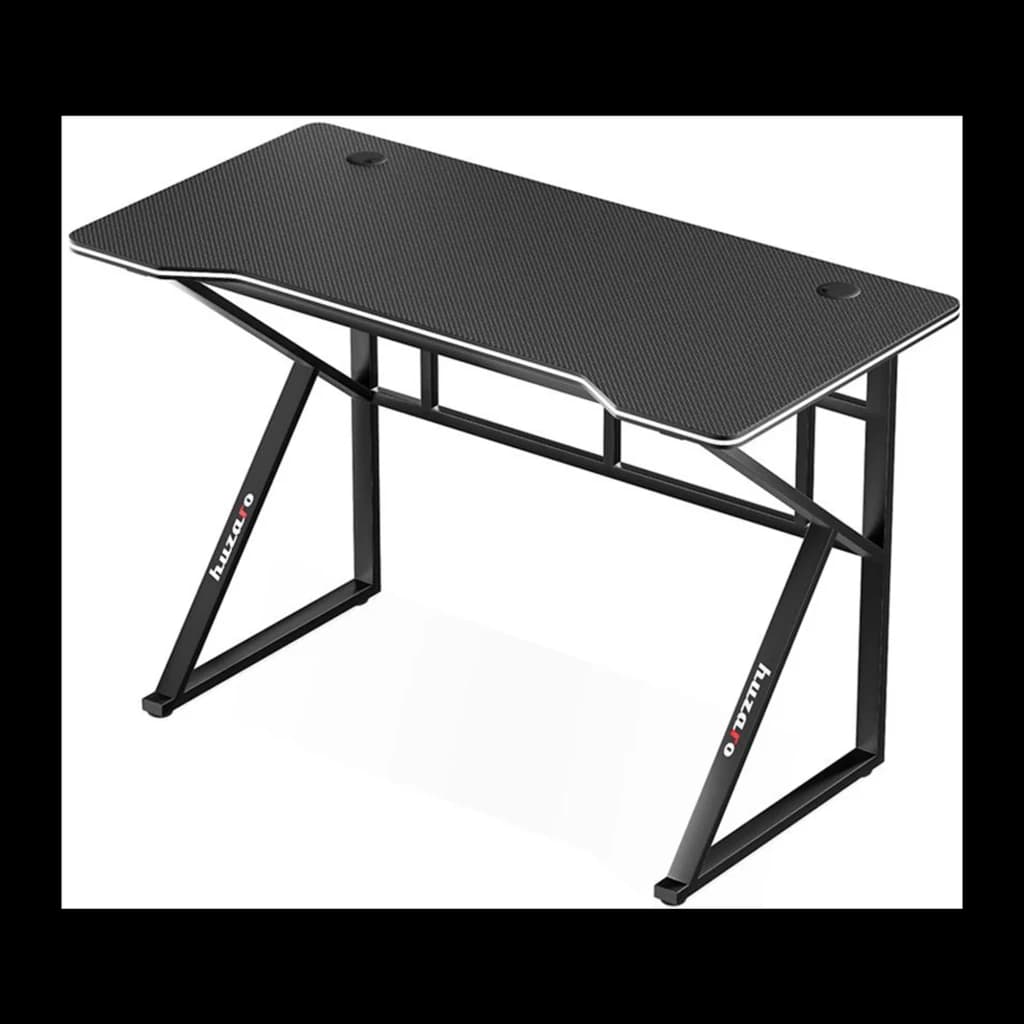 Huzaro Mesa gaming Hero 1.6 Negro, vista en perspectiva: superficie efecto carbono, borde blanco y patas en Z metálicas