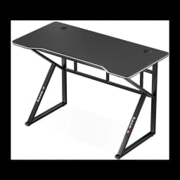 Huzaro Mesa gaming Hero 1.6 Negro, vista en perspectiva: superficie efecto carbono, borde blanco y patas en Z metálicas