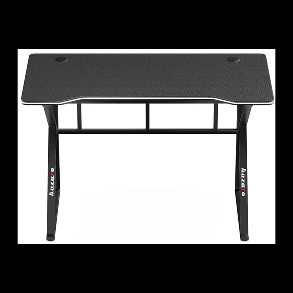 Huzaro Mesa gaming Hero 1.6 Negro, vista frontal: superficie textura carbono, borde blanco, patas en Z y logo Huzaro