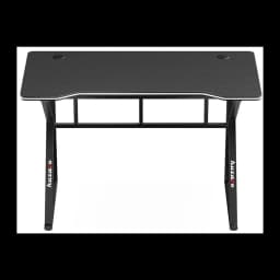 Huzaro Mesa gaming Hero 1.6 Negro, vista frontal: superficie textura carbono, borde blanco, patas en Z y logo Huzaro