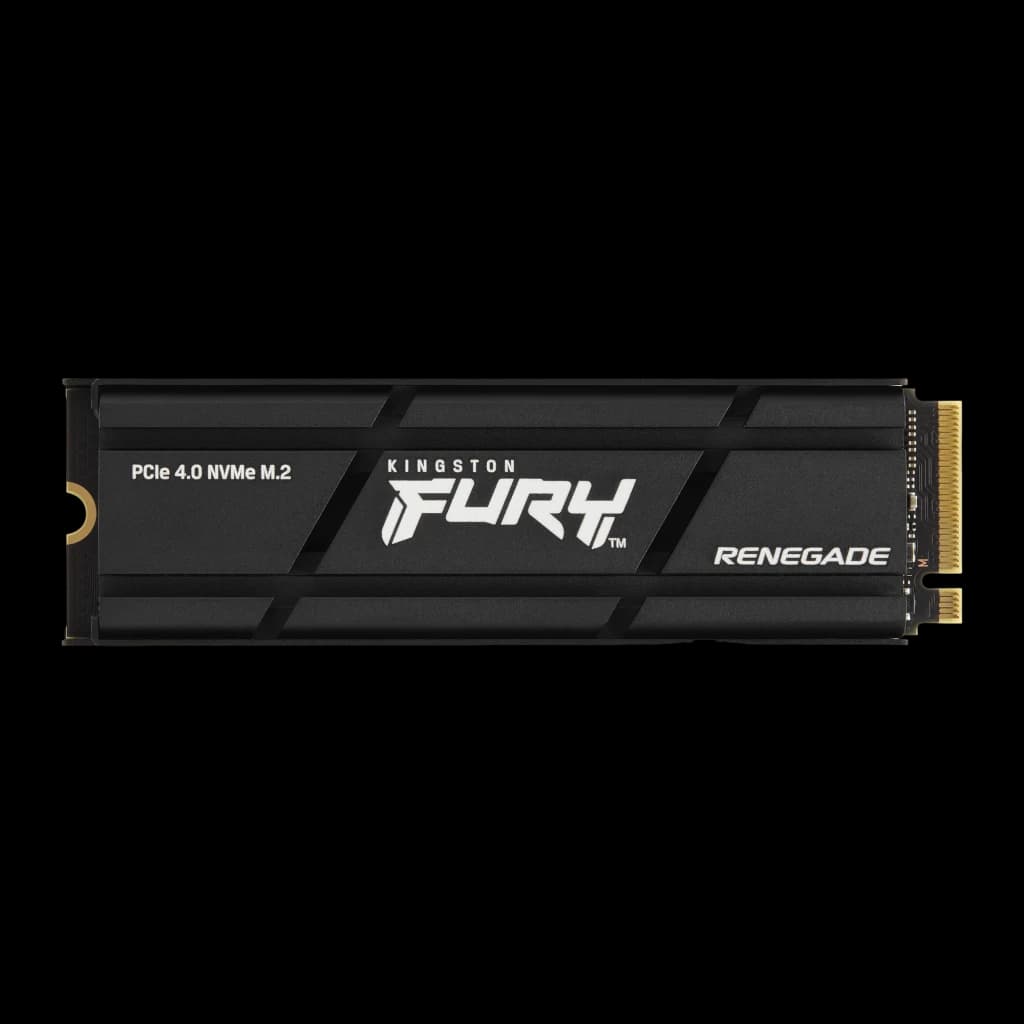 Kingston FURY Renegade SSD 1TB preto com dissipador, vista frontal: logo FURY, texto PCIe 4.0 NVMe M.2 e conector dourado