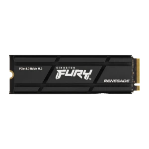 Kingston FURY Renegade SSD 1TB preto com dissipador, vista frontal: logo FURY, texto PCIe 4.0 NVMe M.2 e conector dourado