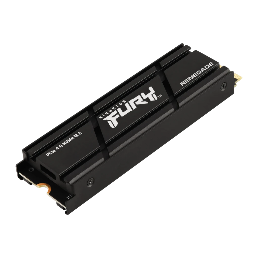 Kingston FURY Renegade SSD 1TB preto com dissipador, vista frontal: logo FURY, texto PCIe 4.0 NVMe M.2 e conector dourado - Item1