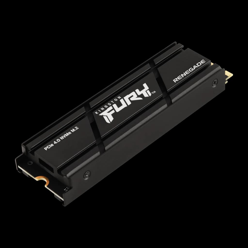 Kingston FURY Renegade SSD 1TB preto com dissipador, vista em perspectiva: aletas do dissipador, espessura e conector M.2