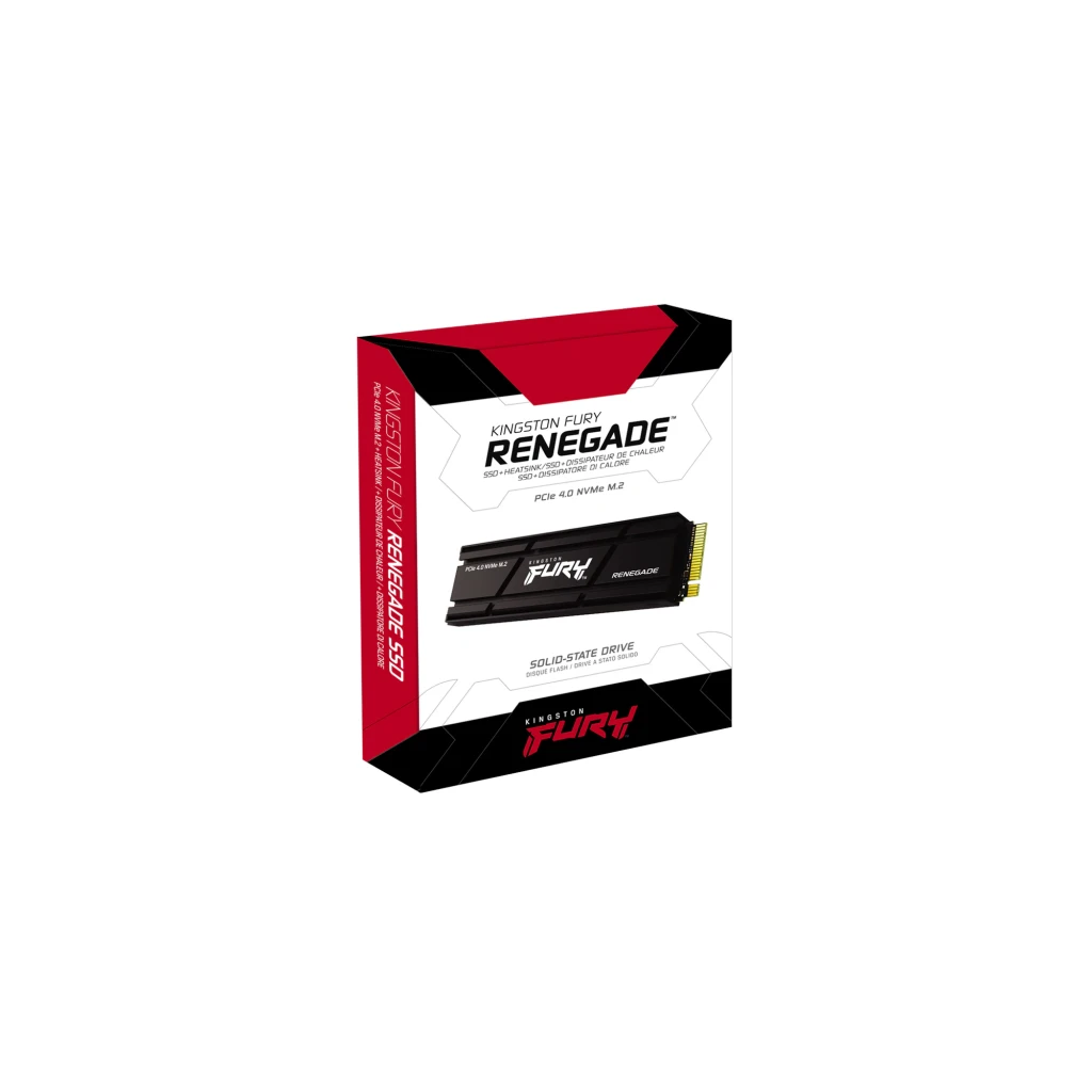 Kingston FURY Renegade SSD 1TB preto com dissipador, vista frontal: logo FURY, texto PCIe 4.0 NVMe M.2 e conector dourado - Item2