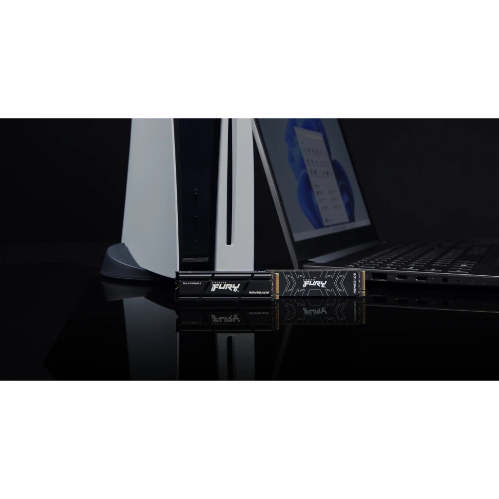 Kingston FURY Renegade SSD 1TB preto com dissipador, vista frontal: logo FURY, texto PCIe 4.0 NVMe M.2 e conector dourado - Item3