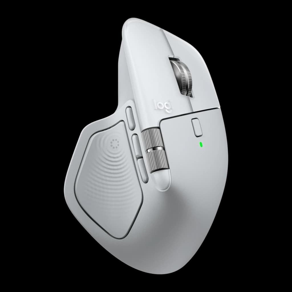 Logitech Rato MX Master 4 for Mac Branco, vista lateral esquerda: botões laterais, roda do polegar e LED verde visíveis
