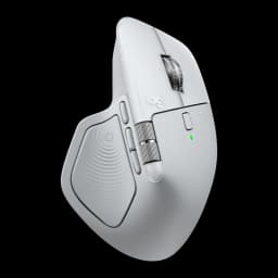 Logitech Rato MX Master 4 for Mac Branco, vista lateral esquerda: botões laterais, roda do polegar e LED verde visíveis