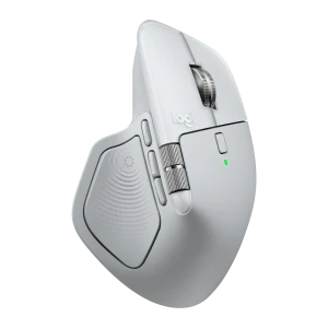Logitech Ratón MX Master 4 for Mac Blanco, vista lateral izquierda: botones laterales, rueda pulgar y LED verde visibles