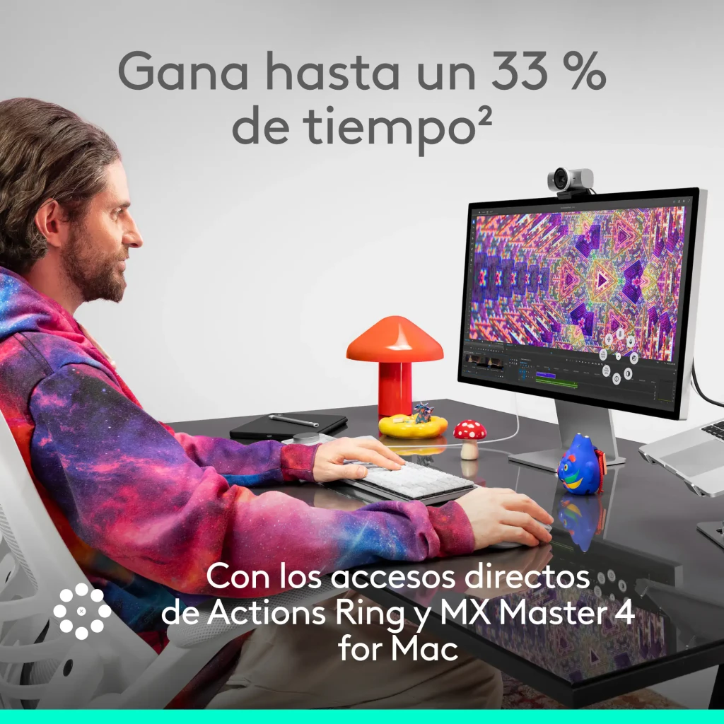 Logitech Ratón MX Master 4 for Mac Blanco, vista lateral izquierda: botones laterales, rueda pulgar y LED verde visibles - Ítem9