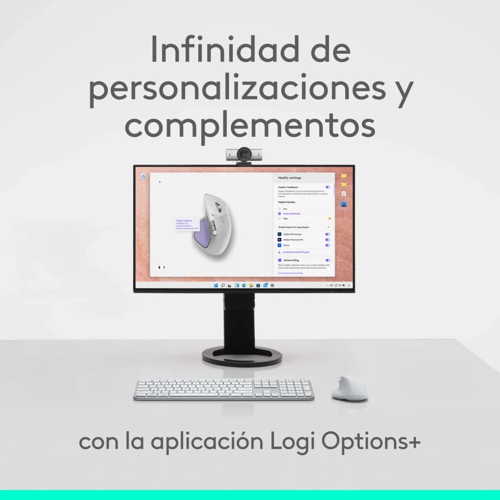 Logitech Rato MX Master 4 for Mac Branco Prata, cena: rato junto ao teclado e monitor com app Logi Options+