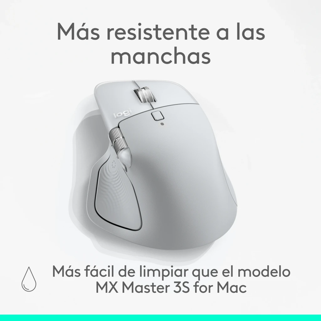 Logitech Ratón MX Master 4 for Mac Blanco, vista lateral izquierda: botones laterales, rueda pulgar y LED verde visibles - Ítem11
