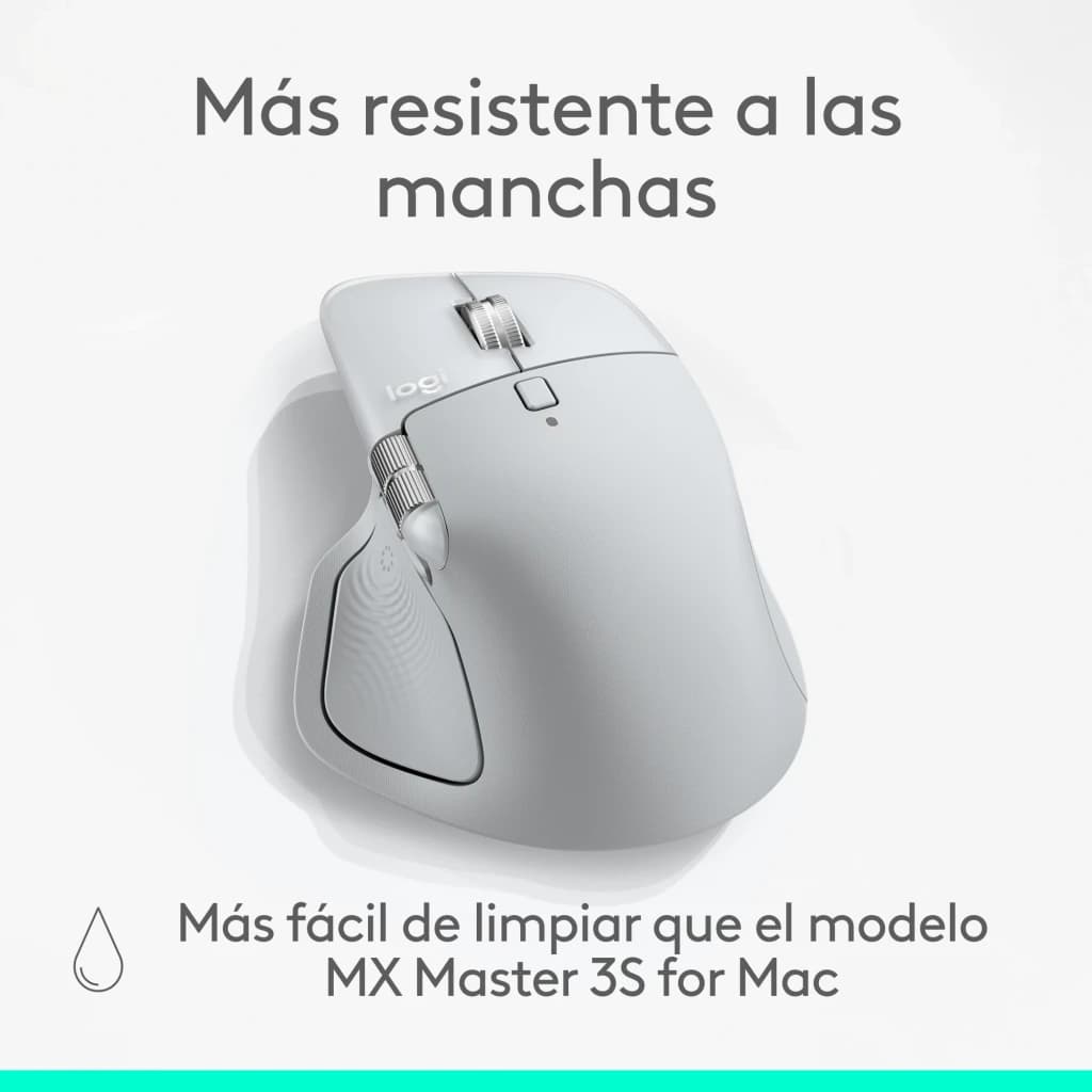 Logitech Rato MX Master 4 for Mac Branco, vista superior: resistência a manchas, roda lateral e botões visíveis