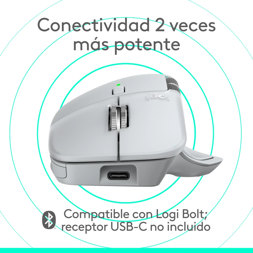 Logitech Ratón MX Master 4 for Mac Blanco, vista lateral izquierda: botones laterales, rueda pulgar y LED verde visibles - Ítem12