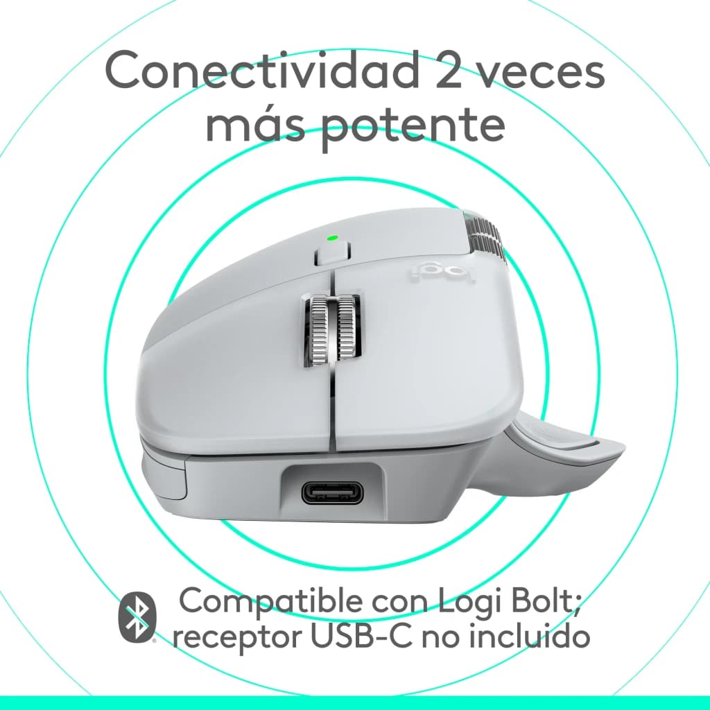 Logitech Rato MX Master 4 for Mac Branco Prata, vista lateral: porta USB-C, roda de scroll e LED verde visíveis