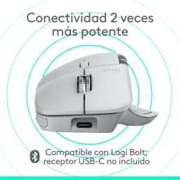 Logitech Rato MX Master 4 for Mac Branco Prata, vista lateral: porta USB-C, roda de scroll e LED verde visíveis