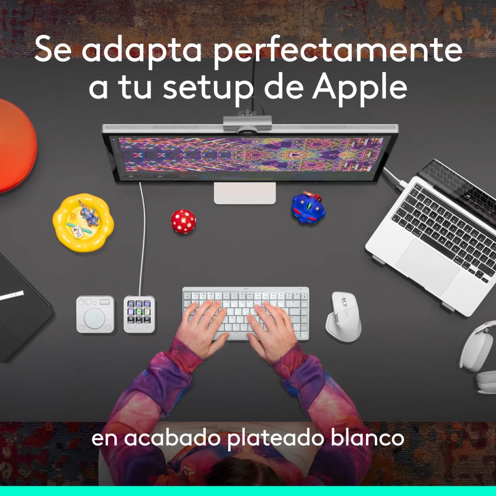 Logitech Ratón MX Master 4 for Mac Blanco, vista lateral izquierda: botones laterales, rueda pulgar y LED verde visibles - Ítem14