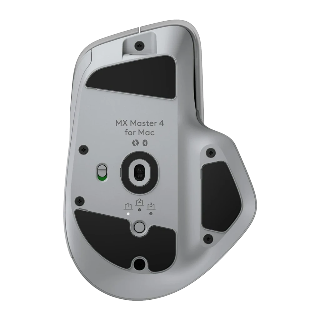Logitech Ratón MX Master 4 for Mac Blanco, vista lateral izquierda: botones laterales, rueda pulgar y LED verde visibles - Ítem5
