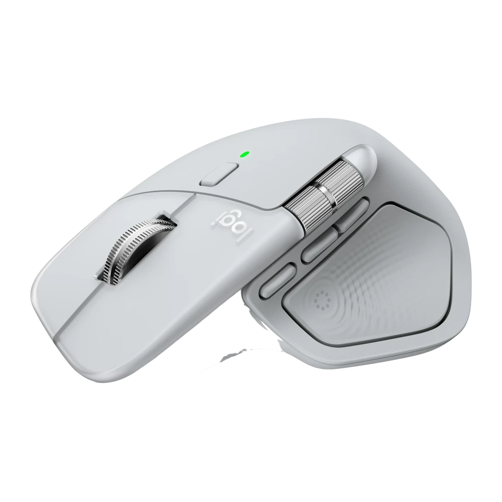 Logitech Ratón MX Master 4 for Mac Blanco, vista lateral izquierda: botones laterales, rueda pulgar y LED verde visibles - Ítem2