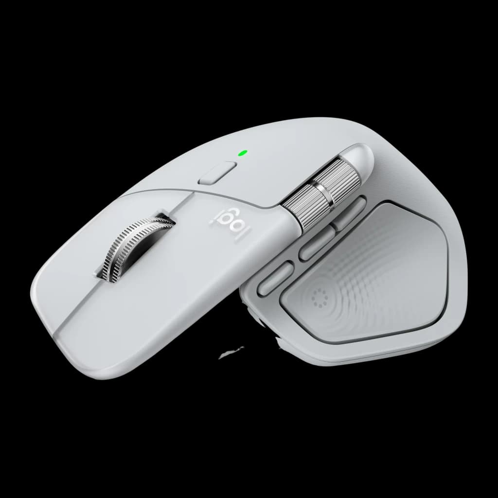 Logitech Rato MX Master 4 for Mac Branco, vista superior traseira: perfil ergonómico, roda principal e botão com LED verde