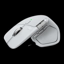 Logitech Rato MX Master 4 for Mac Branco, vista superior traseira: perfil ergonómico, roda principal e botão com LED verde