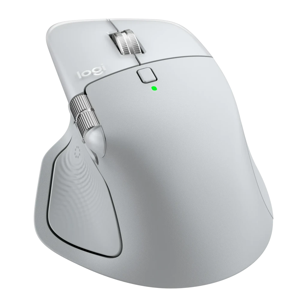 Logitech Ratón MX Master 4 for Mac Blanco, vista lateral izquierda: botones laterales, rueda pulgar y LED verde visibles - Ítem1
