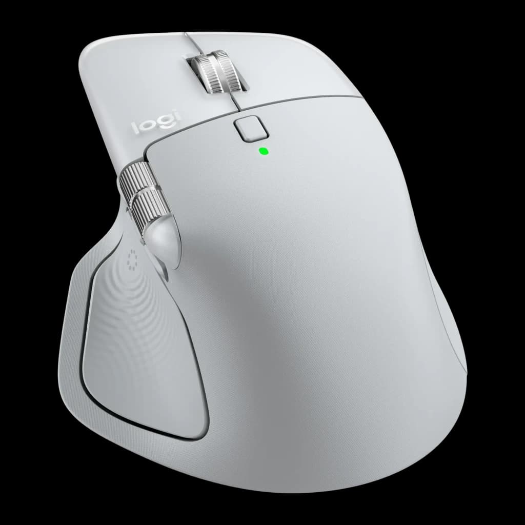 Logitech Rato MX Master 4 for Mac Branco, vista frontal 3/4: roda metálica, roda lateral, LED verde e logo logi