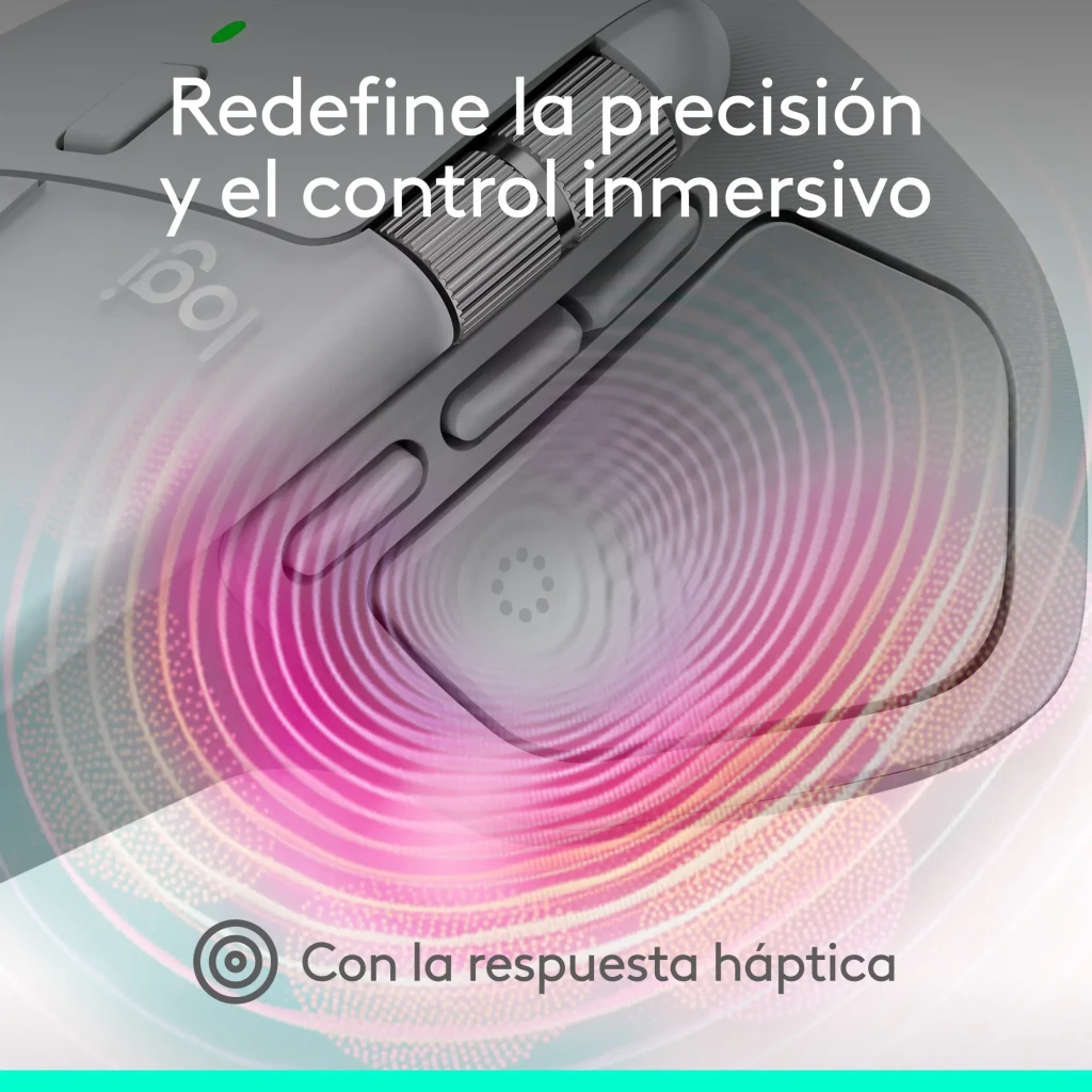Logitech Ratón MX Master 4 for Mac Blanco, vista lateral izquierda: botones laterales, rueda pulgar y LED verde visibles - Ítem6