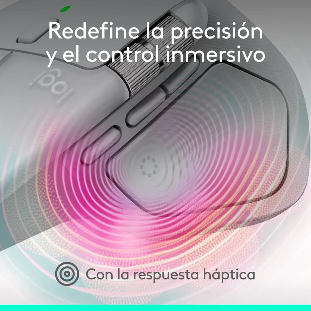 Logitech Rato MX Master 4 for Mac Branco Prata, detalhe: roda de scroll e botões laterais com efeito háptico ondas