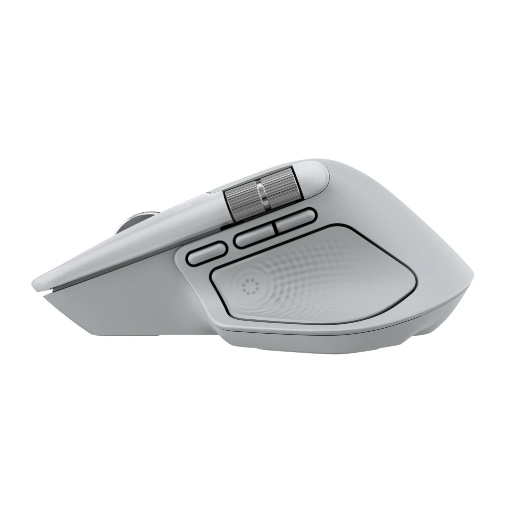 Logitech Ratón MX Master 4 for Mac Blanco, vista lateral izquierda: botones laterales, rueda pulgar y LED verde visibles - Ítem4