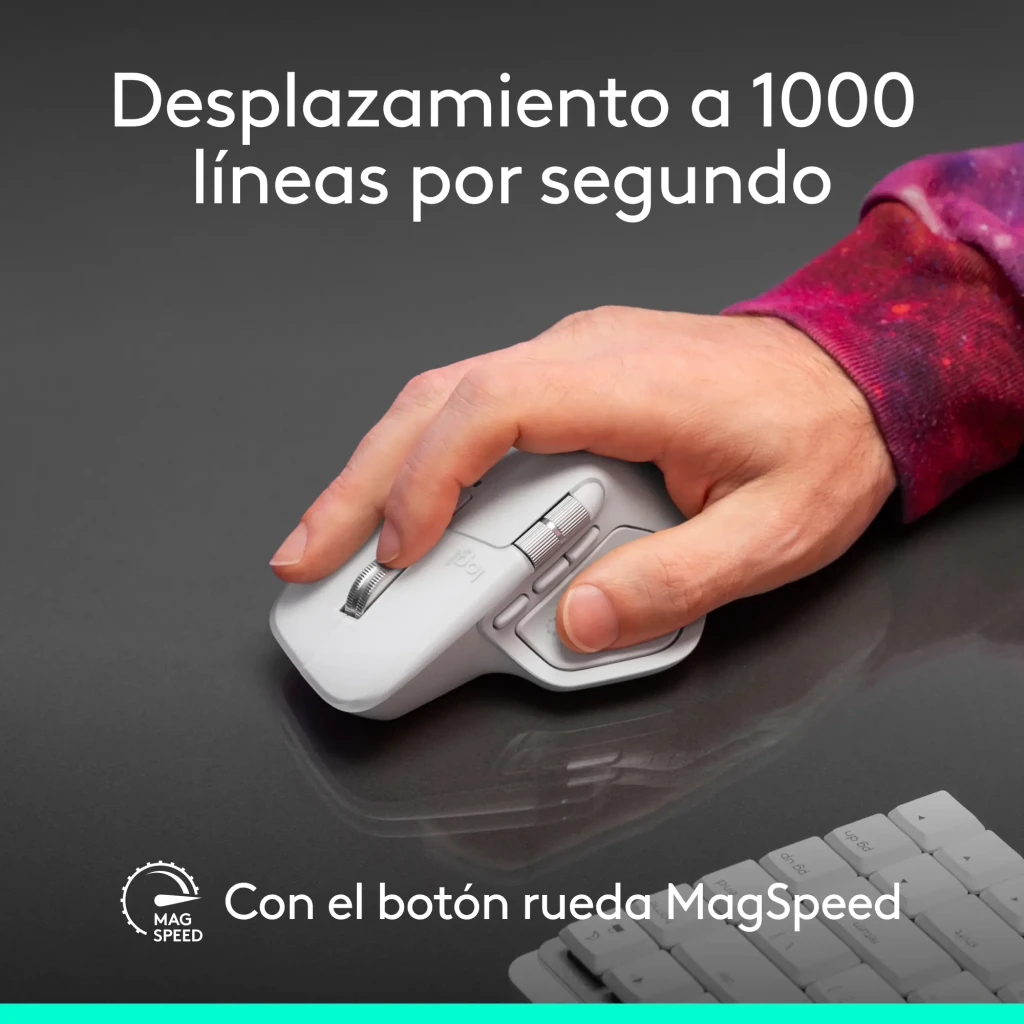 Logitech Ratón MX Master 4 for Mac Blanco, vista lateral izquierda: botones laterales, rueda pulgar y LED verde visibles - Ítem7