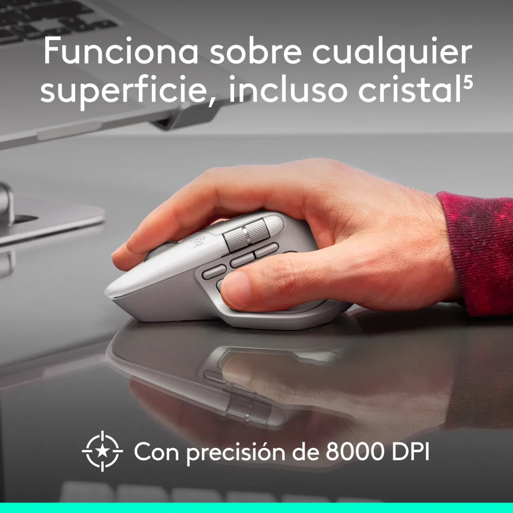 Logitech Ratón MX Master 4 for Mac Blanco, vista lateral izquierda: botones laterales, rueda pulgar y LED verde visibles - Ítem8