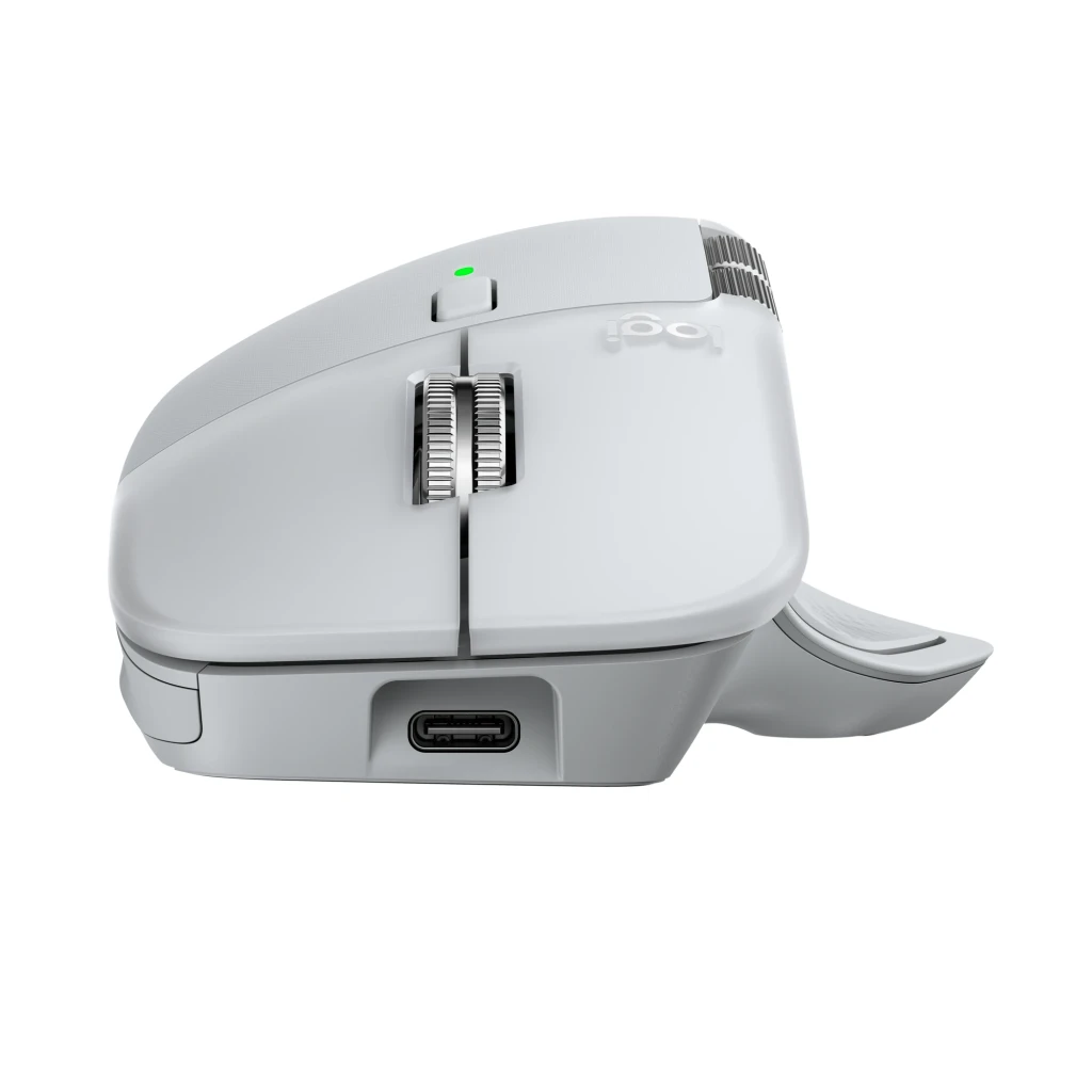 Logitech Ratón MX Master 4 for Mac Blanco, vista lateral izquierda: botones laterales, rueda pulgar y LED verde visibles - Ítem3
