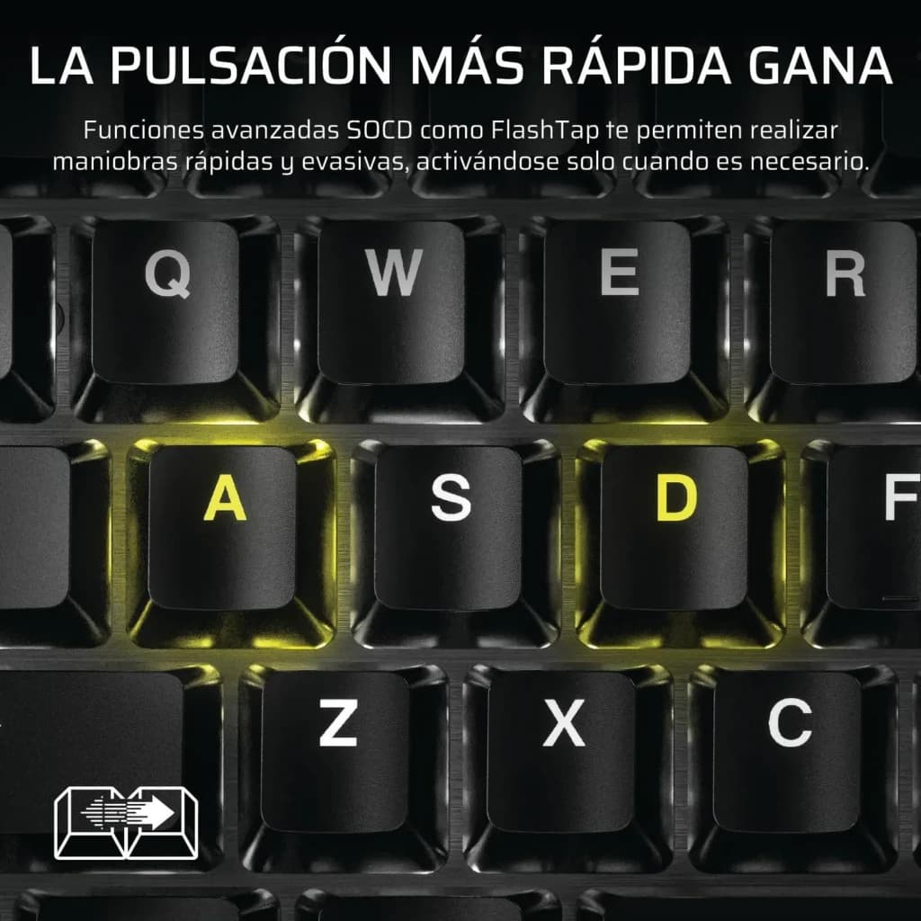 Corsair K70 Core TKL RGB Rojo, detalle: teclas WASD iluminadas en amarillo con retroiluminación RGB destacada