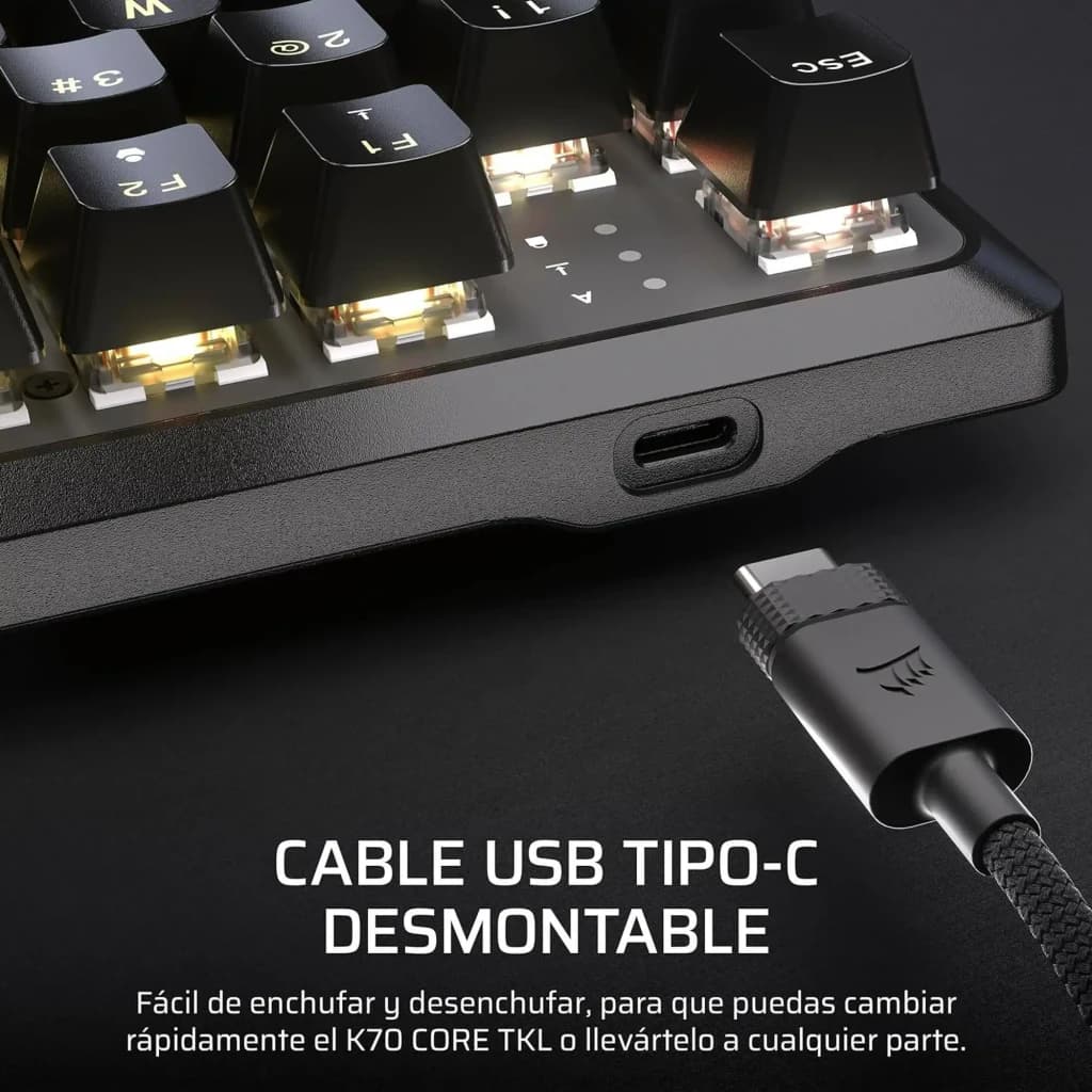Corsair K70 Core TKL RGB Rojo, detalle lateral: puerto USB-C desmontable y cable trenzado incluido