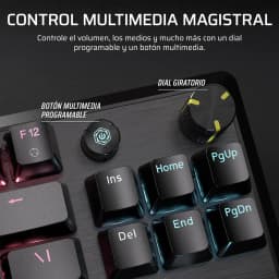 Corsair K70 Core TKL RGB Rojo, detalle superior derecho: dial giratorio y botón multimedia programable con retroiluminación