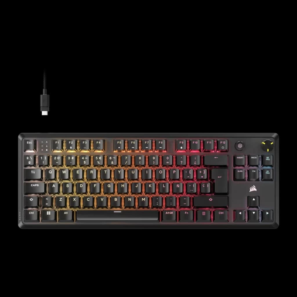 Corsair K70 Core TKL RGB Rojo, vista superior: retroiluminación RGB degradado amarillo-rojo y cable USB-C