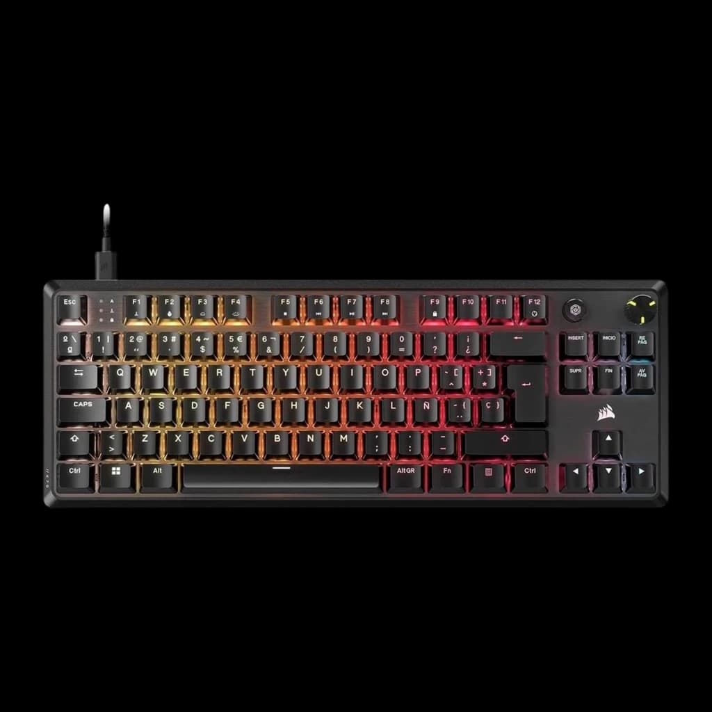 Corsair K70 Core TKL RGB MLX Red rojo, vista superior: retroiluminación RGB naranja y roja, disposición PT