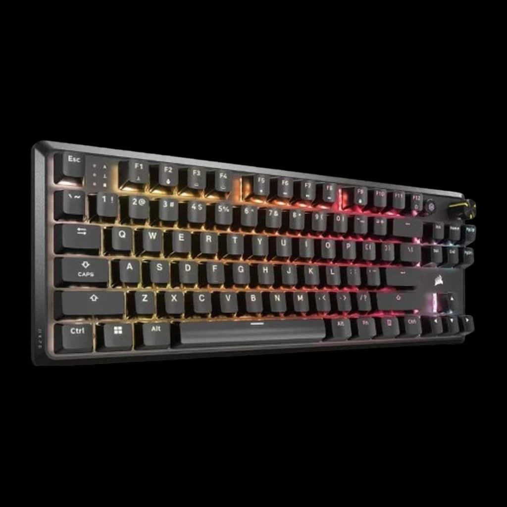 Corsair K70 Core TKL RGB MLX Red rojo, vista en ángulo: perfil lateral con retroiluminación RGB degradado naranja a rojo