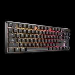 Corsair K70 Core TKL RGB MLX Red rojo, vista en ángulo: perfil lateral con retroiluminación RGB degradado naranja a rojo