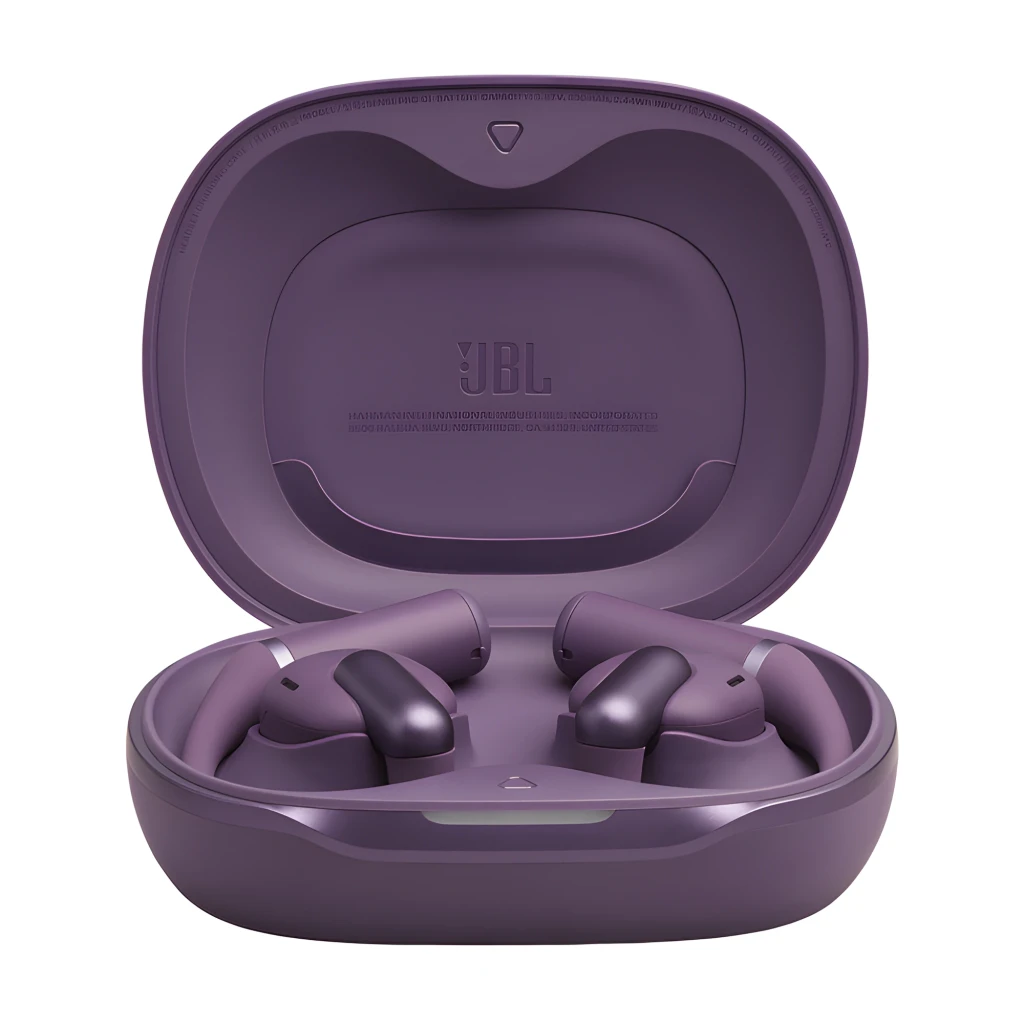 JBL Sense Pro True Wireless Open-Ear púrpura, kit angular: estuche abierto con auriculares alojados en tono más oscuro y uno - Ítem2
