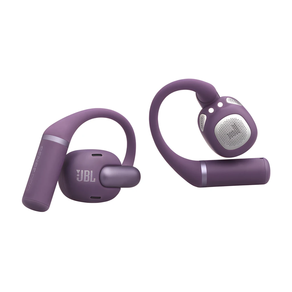 JBL Sense Pro True Wireless Open-Ear púrpura, kit angular: estuche abierto con auriculares alojados en tono más oscuro y uno - Ítem5