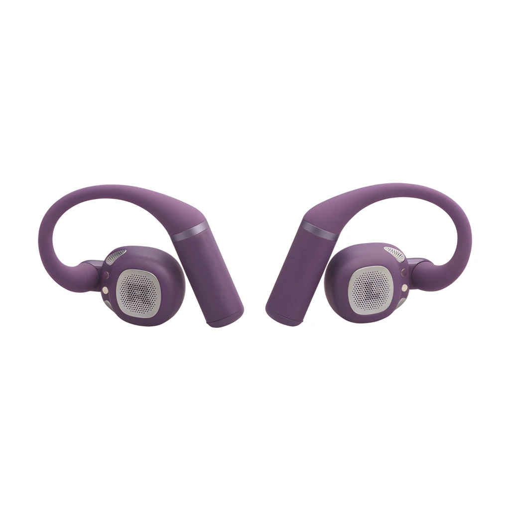 JBL Sense Pro True Wireless Open-Ear púrpura, kit angular: estuche abierto con auriculares alojados en tono más oscuro y uno - Ítem6