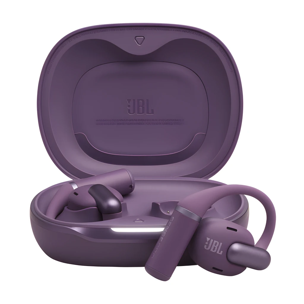 JBL Sense Pro True Wireless Open-Ear púrpura, kit angular: estuche abierto con auriculares alojados en tono más oscuro y uno - Ítem1
