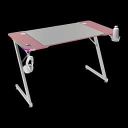 Mars Gaming MGD-X120RGB 120x60cm Rosa, vista 3/4 frontal: superficie rosa con alfombrilla, iluminación ARGB, auriculares