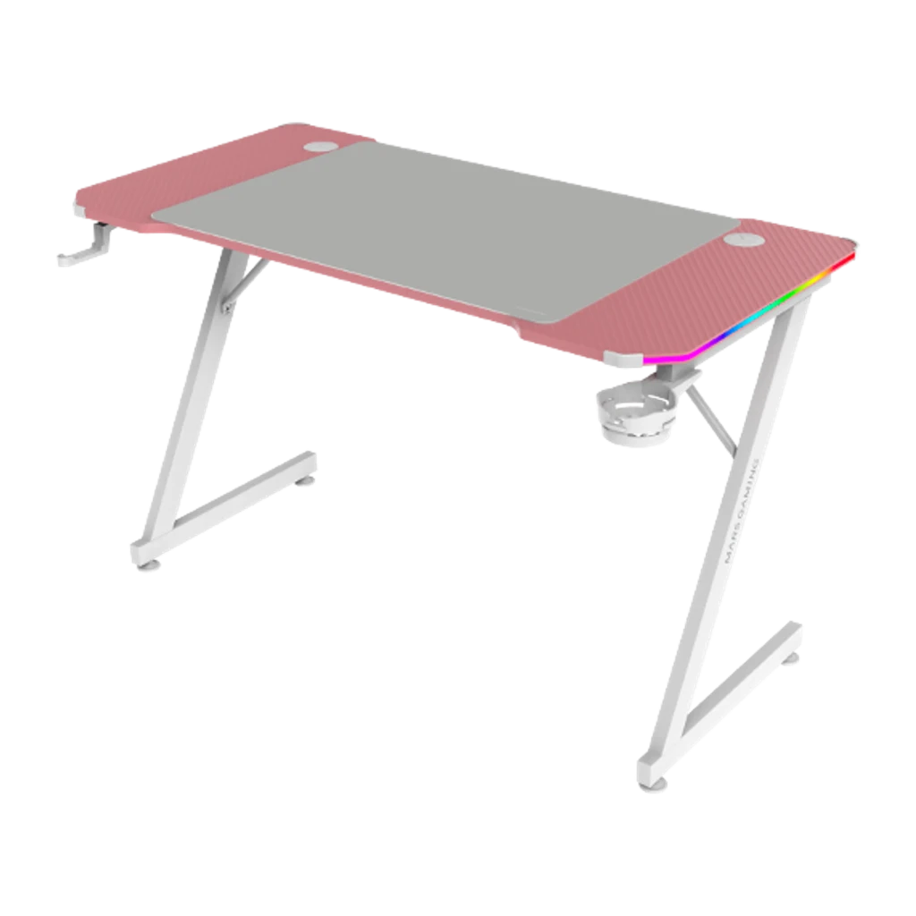 Mars Gaming MGD-X120RGB 120x60cm Rosa, vista 3/4 frontal: tampo rosa com mousepad, iluminação ARGB, suporte headset e - Item2