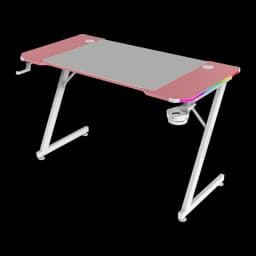 Mars Gaming MGD-X120RGB 120x60cm Rosa, vista 3/4 trasera: iluminación ARGB en esquina derecha, portavasos y ganchos sin