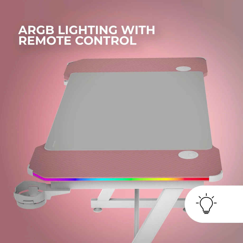 Mars Gaming MGD-X120RGB 120x60cm Rosa, vista 3/4 frontal: tampo rosa com mousepad, iluminação ARGB, suporte headset e - Item3