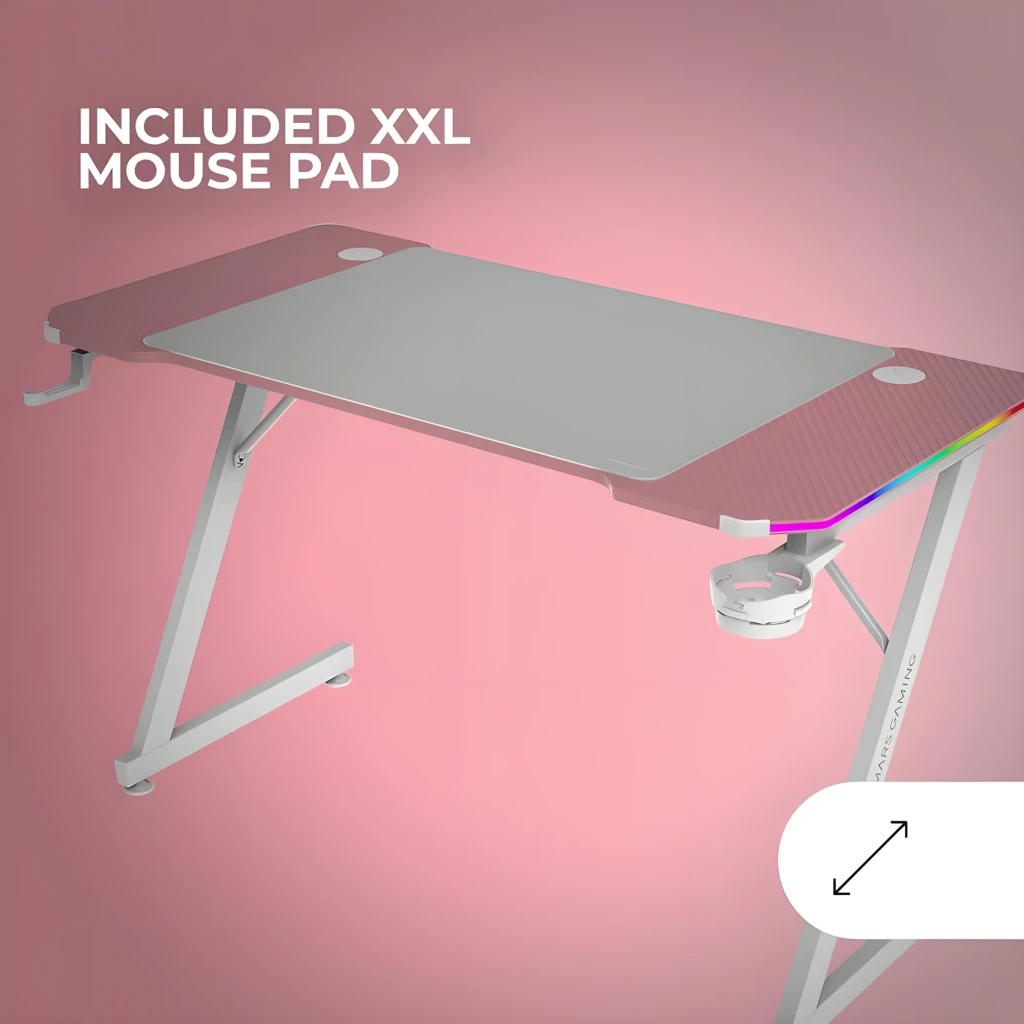 Mars Gaming MGD-X120RGB 120x60cm Rosa, vista 3/4 frontal: tampo rosa com mousepad, iluminação ARGB, suporte headset e - Item4